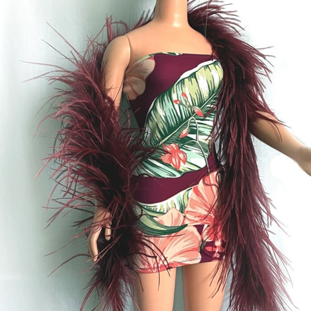 Multicolor floral mini dress with maroon feather boa for My Size Barbie Doll 36"